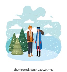 couple with winter clothes and winter pine avatar character