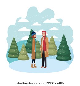 couple with winter clothes and winter pine avatar character