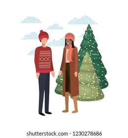 couple with winter clothes and winter pine avatar character