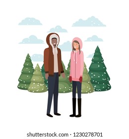 couple with winter clothes and winter pine avatar character