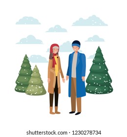 couple with winter clothes and winter pine avatar character
