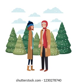 couple with winter clothes and winter pine avatar character