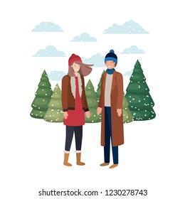 couple with winter clothes and winter pine avatar character