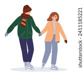 Couple Winter Date. Ice skating, winter sport, flat vector illustration isolated on white. Young couple on holiday, weekend on ice rink, winter vacation, outdoor activity. Romantic Spare time