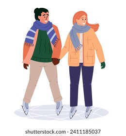 Fecha de invierno pareja. Patinaje sobre hielo, deportes de invierno, ilustración vectorial plana aislada en blanco. Joven pareja de vacaciones, fin de semana en pista de hielo, vacaciones de invierno, actividades al aire libre. Tiempo de repuesto romántico