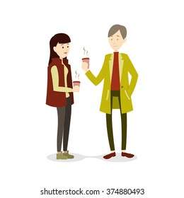 Couple in winter season drinking hot  beverage, Vector illustration