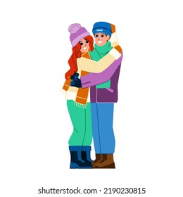 couple winter vector. happy man woman, young romantic holiday, fun nature couple winter character. people flat cartoon illustration