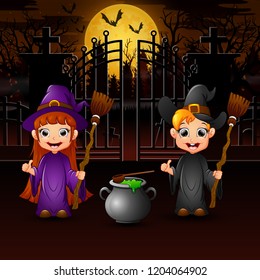 Couple witch and potion with the full moon background