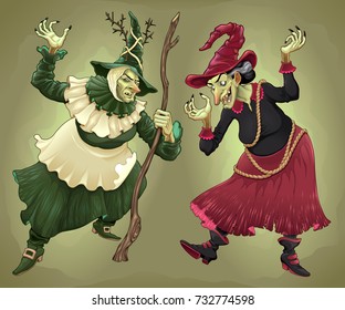 Couple of witches for Halloween. Vector cartoon characters.