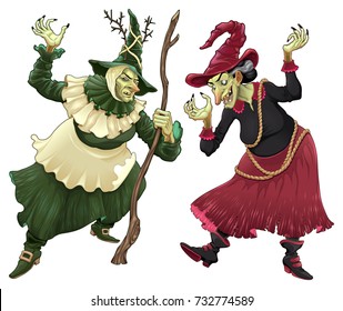Couple of witches for Halloween. Vector isolated characters.