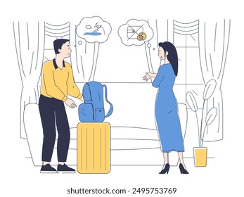 Pareja sin dinero. Hombre y mujer sueñan con viajar. Pobre pareja joven en casa. Familia con problemas financieros. Ahorro y presupuesto. Ilustración vectorial lineal aislada sobre fondo blanco