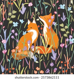 A couple wolf fox in wildflower forest seamless background