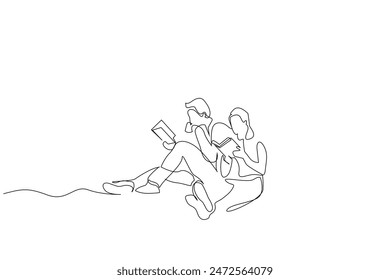 couple woman boyfriend together park outside reading book relax time lifestyle one line art design vector