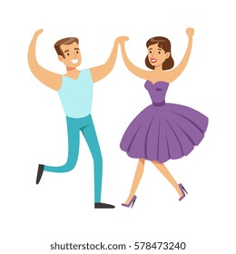 Couple In With Woman In Fancy Dress Dancing On Dancefloor, Part Of People At The Night Club Series Of Vector Illustrations