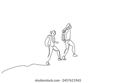 couple woman man backpack nature hike walking trip lifestyle one line art design vector