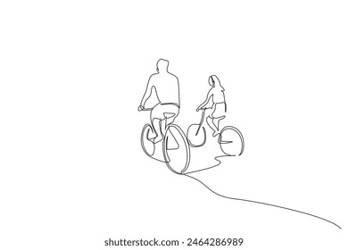 couple woman man bike ride together love outside back view one line art design vector