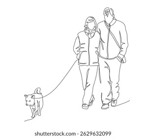 Couple woman and man with dog walking. Wear jackets. Front view. Continuous line drawing. Black and white vector illustration in line art style.