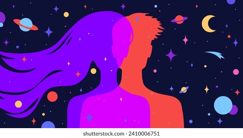 Mujer pareja, hombre sueña. Mujer moderna de silueta de carácter plano, hombre con universo de ensueño, cosmos, fondo de estrellas. Pareja de personajes, conexión de imaginación noche estrellada del universo. Ilustración del vector