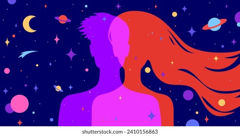 Couple woman, man dreams. Modern flat character silhouette woman, man with dream universe, cosmos, stars background. Character couple, imagination connection universe starry night. Vector illustration