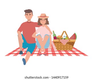 Couple of woman and man having picnic design