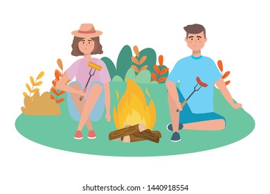 Couple of woman and man having picnic design