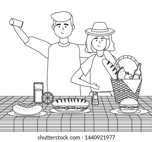 Couple of woman and man having picnic design