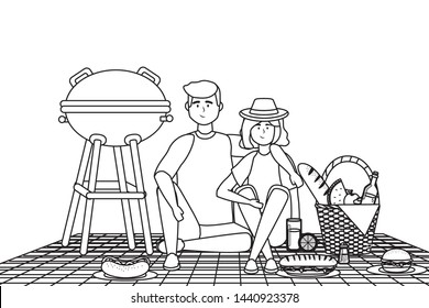 Couple of woman and man having picnic design