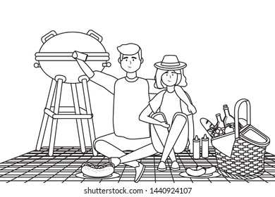 Couple of woman and man having picnic design