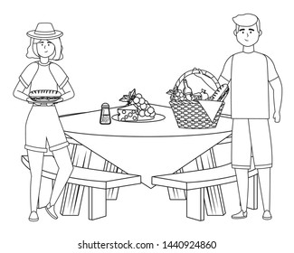 Couple of woman and man having picnic design