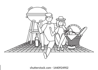 Couple of woman and man having picnic design Couple of woman and man having picnic design