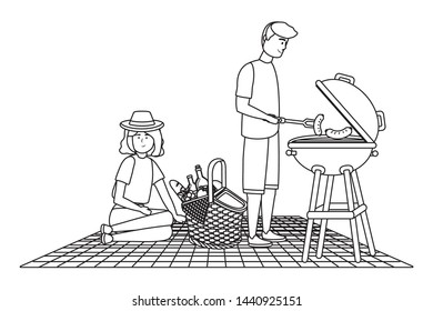 Couple of woman and man having picnic design