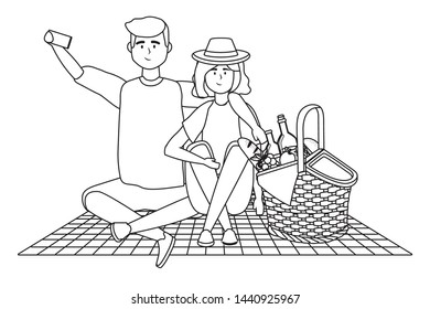 Couple of woman and man having picnic design