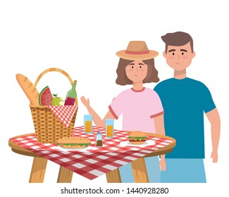 Couple of woman and man having picnic design