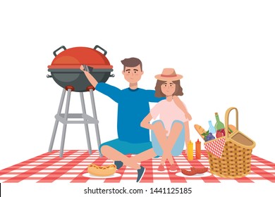 Couple of woman and man having picnic design