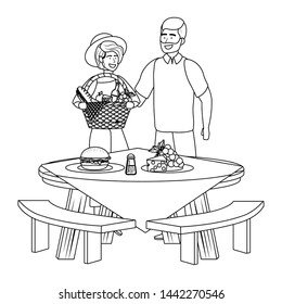 Couple of woman and man having picnic design