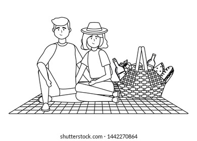 Couple of woman and man having picnic design