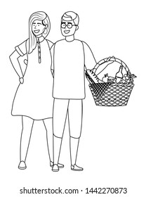 Couple of woman and man having picnic design
