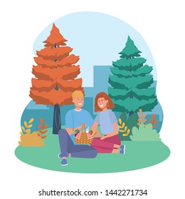 Couple of woman and man having picnic design