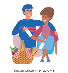 Couple of woman and man having picnic design