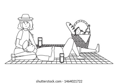 Couple of woman and man having picnic design
