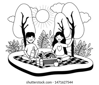 Couple of woman and man having picnic design