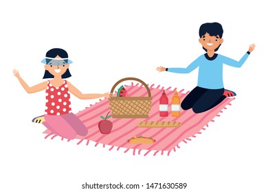 Couple of woman and man having picnic design