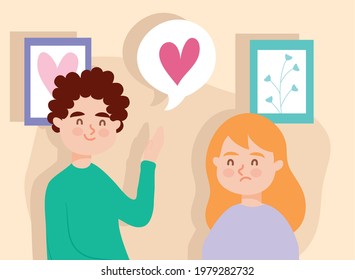 Couple of woman and man with heart bubble