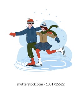 Couple of woman and man holding hands ice skating together. Performing active leisure in winter season. Vector illustration.