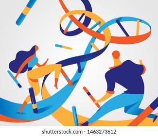 A couple of woman and man inside DNA helix