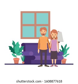 Couple of woman and man in living room design, Relationship love romance card romantic holiday celebration together and emotional theme Vector illustration