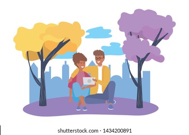 Couple of woman and man in the park design