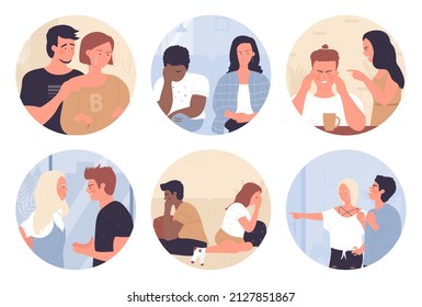 Couple of woman and man quarrel in round avatar set vector illustration. Cartoon angry wife and husband quarreling, married sad two unhappy persons with problem in relationship. Divorce concept