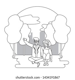 Couple of woman and man with smartphone design