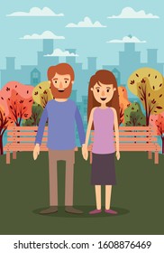 Couple of woman man trees and bench design, Relationship love romance card romantic holiday celebration together and emotional theme Vector illustration